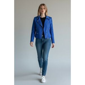 Alexis Cobalt Blue Textured Moto Jacket  Cropped Biker Edgy Glam Streetwear Chic